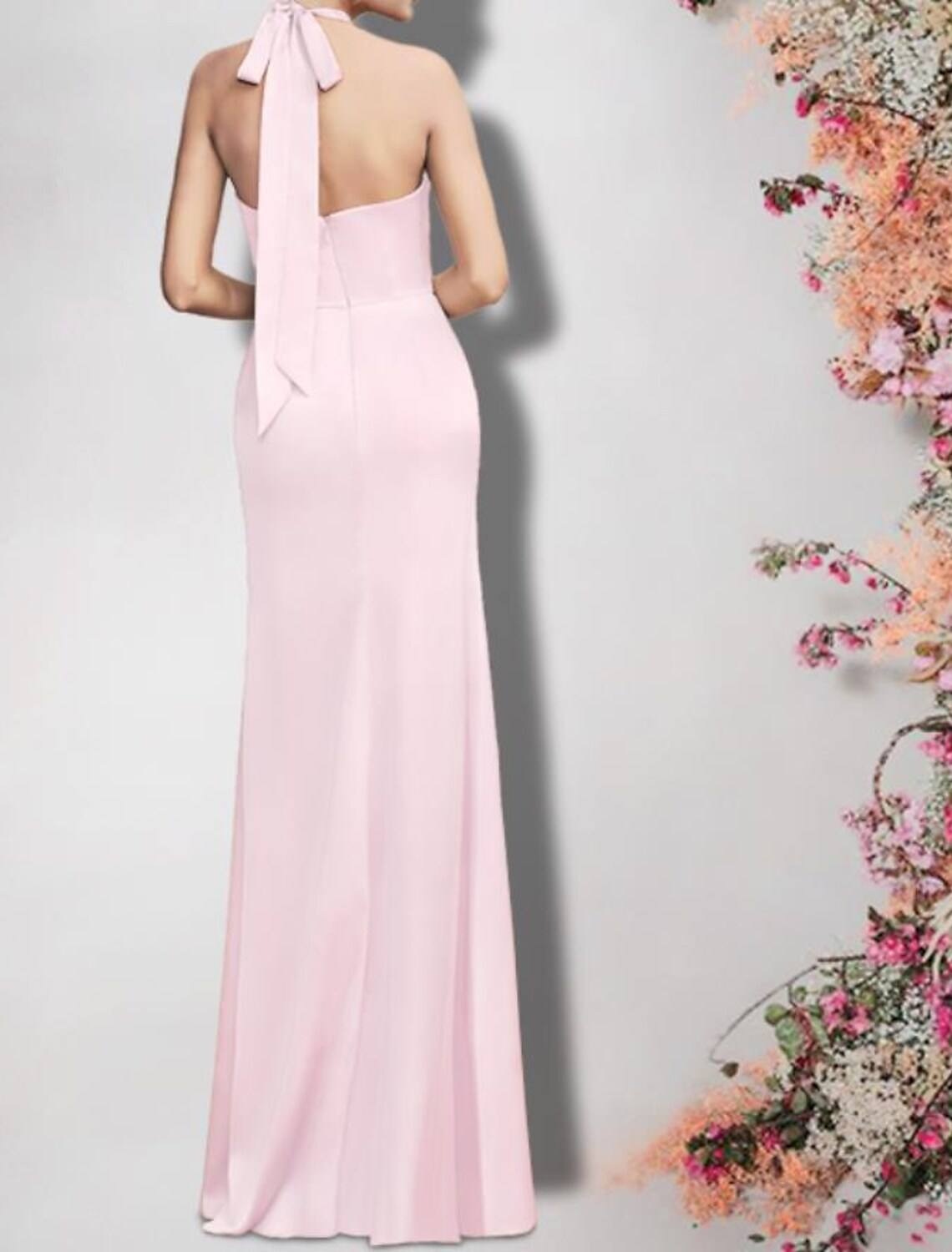 Sheath / Column Bridesmaid Dress Halter Neck Sleeveless Sexy Floor Length Chiffon with Split Front - RongMoon