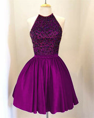 Grape A-line Beaded Halter Satin Homecoming Dresses Short Keyhole Back Prom Dresses