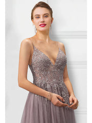 A-Line Prom Dresses Floral Dress Party Wear Floor Length Sleeveless Spaghetti Strap Tulle with Slit