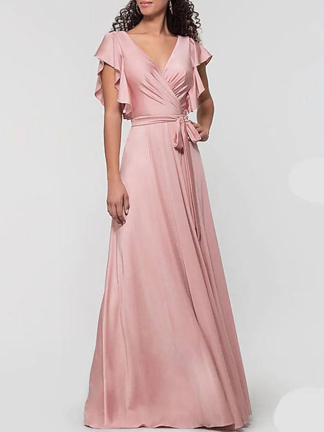 A-Line Bridesmaid Dress Plunging Neck Short Sleeve Open Back Floor Length Satin with Bow(s) / Ruffles - RongMoon