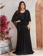 Mermaid / Trumpet Wedding Guest Dresses Plus Size Dress Formal Evening Party Sweep / Brush Train Long Sleeve V Neck Polyester with Sequin Shawl