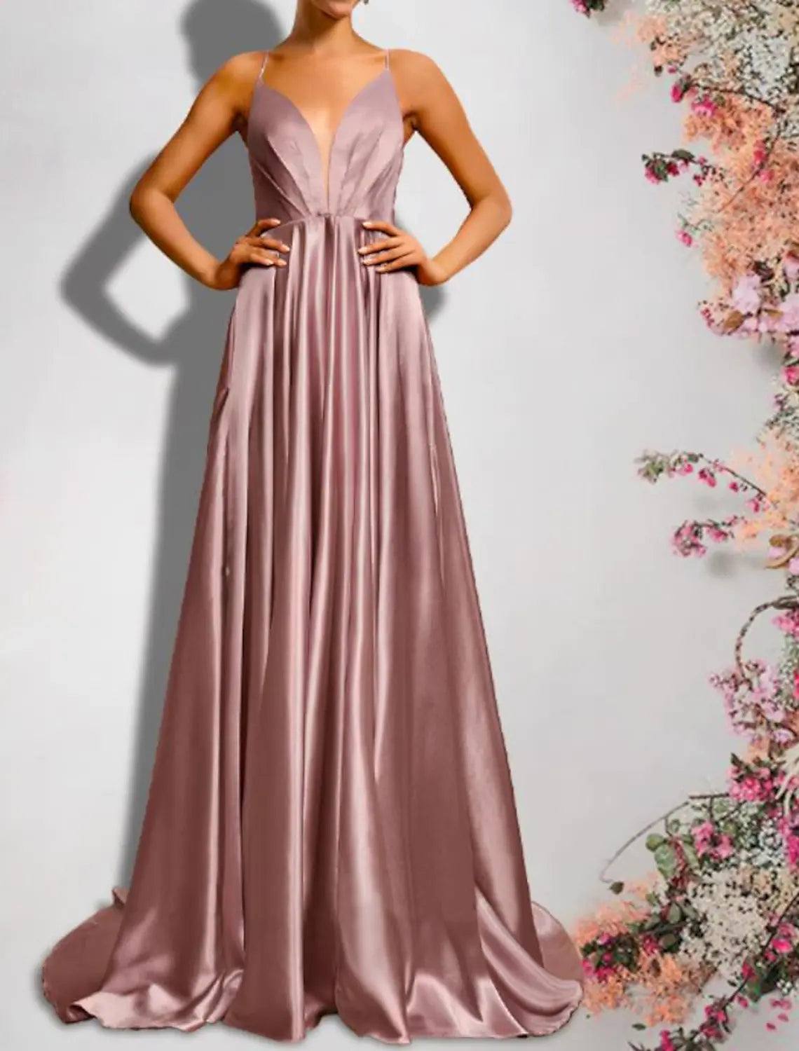 A-Line Bridesmaid Dress V Neck Sleeveless Sexy Sweep / Brush Train Satin with Pleats / Bandage - RongMoon