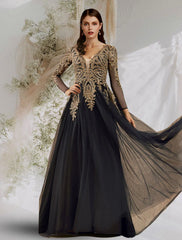 all Gown Luxurious Elegant Prom Formal Evening Dress V Neck Long Sleeve Floor Length Tulle with Sequin Appliques