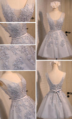 Sexy Short A-line Deep V Neck V-back Sleeveless Lace Up Back Organza Appliques Homecoming  Dress,BD0135