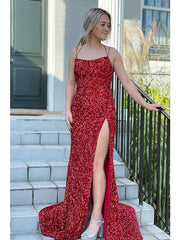 Mermaid / Trumpet Prom Dresses Hot Dress Formal Sweep / Brush Train Sleeveless Spaghetti Strap Sequined Backless with Sequin Slit