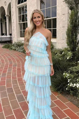 Ruffles Tulle Blue Halter Prom Dress with Slit