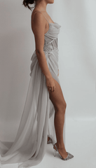 Handmade Draped Gray Silver Blue Chiffon Sheer Mesh Corset High Slit Beaded Lace Embroidered Gown Dress Formal Prom Bridal Bridesmaids - RongMoon