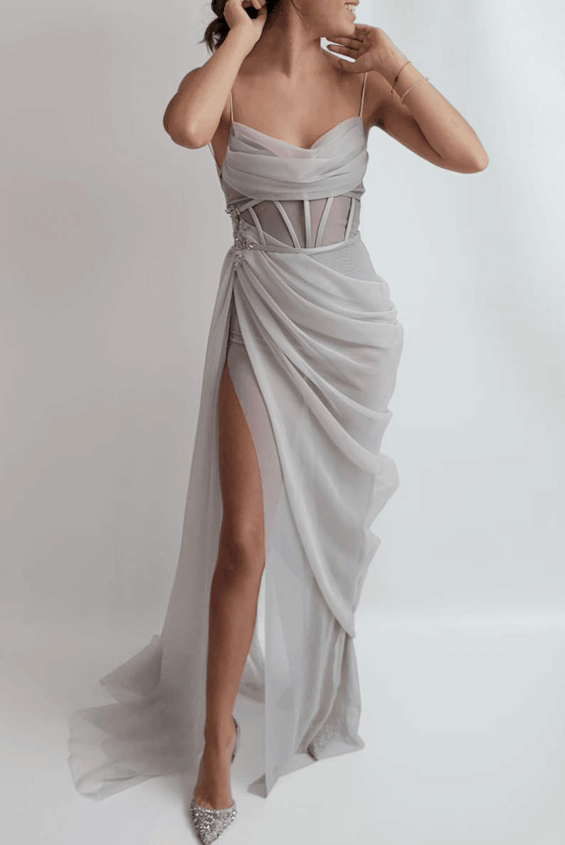 Handmade Draped Gray Silver Blue Chiffon Sheer Mesh Corset High Slit Beaded Lace Embroidered Gown Dress Formal Prom Bridal Bridesmaids - RongMoon