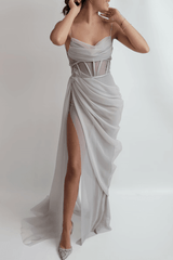 Handmade Draped Gray Silver Blue Chiffon Sheer Mesh Corset High Slit Beaded Lace Embroidered Gown Dress Formal Prom Bridal Bridesmaids - RongMoon