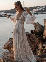 Beach Open Back Boho Wedding Dresses Sweep / Brush Train A-Line Long Sleeve V Neck Sequined With Pleats