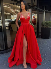 Blue Beading Spaghetti Strap Satin Prom Dress