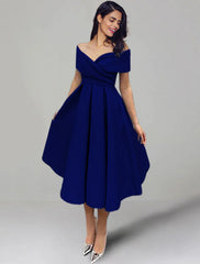 A-Line Wedding Guest Dresses 1950s Dress Summer Tea Length Sleeveless Off Shoulder Satin with Ruched