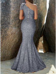 Mermaid Trumpet Evening Gown Sparkle Shine Dress Formal Fall Sweep Brush Train Sleeveless One Shoulder Sequined