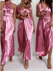 A-Line Bridesmaid Dress Halter Neck / V Neck Sleeveless Beautiful Back Ankle Length Charmeuse with Solid Color - RongMoon