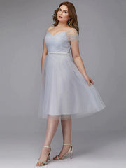 A-Line Elegant Dress Wedding Guest Tea Length Short Sleeve Off Shoulder Tulle with Sash / Ribbon Criss Cross