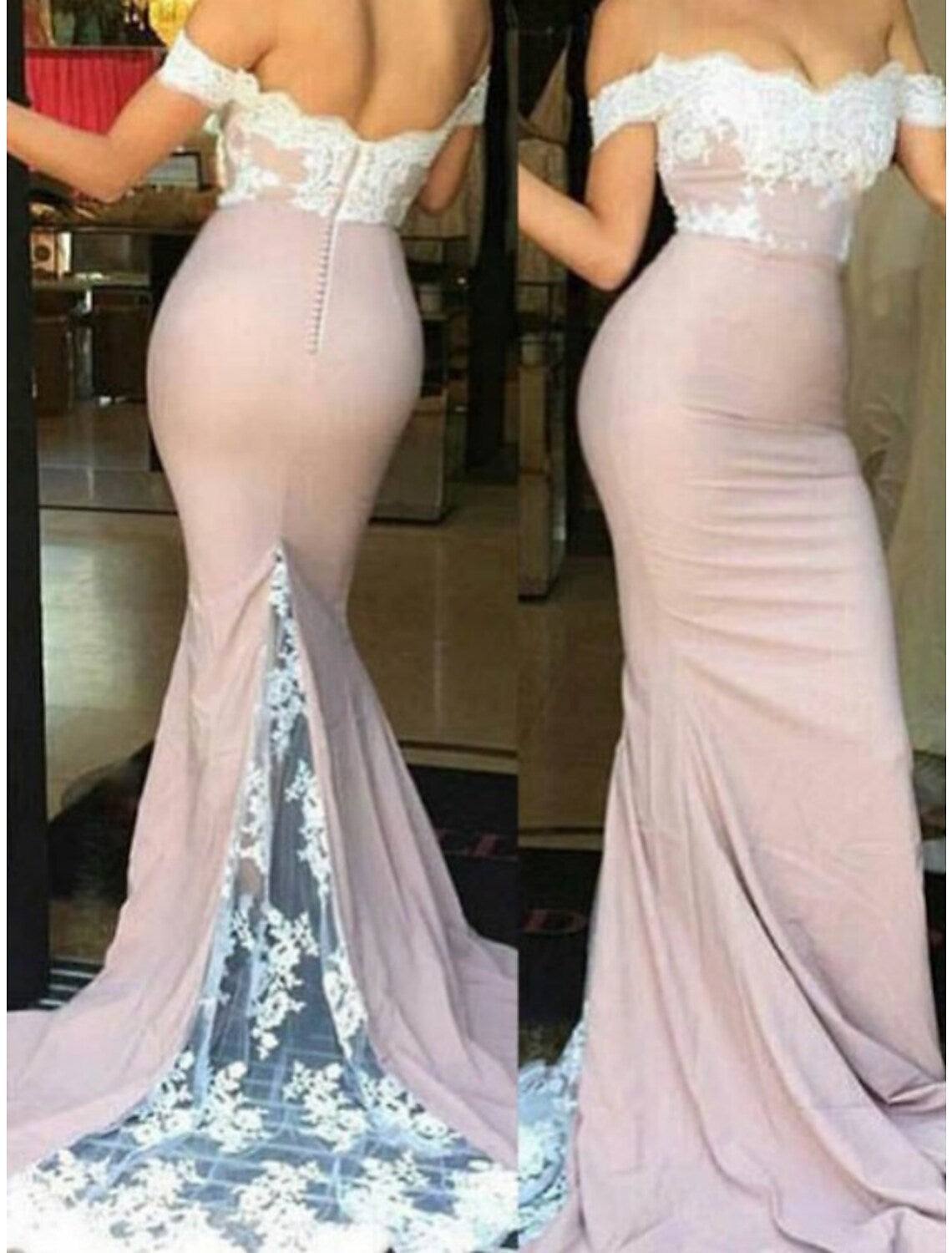 Mermaid / Trumpet Bridesmaid Dress Off Shoulder Short Sleeve Beautiful Back Court Train Lace / Stretch Chiffon with Lace / Solid Color - RongMoon
