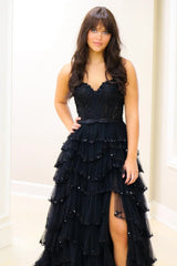 A Line White Tulle Layered Prom Dress With Slit