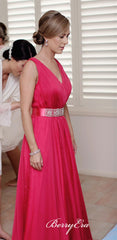 V-neck Hot Pink A-line Bridesmaid Dresses With Beaded Belt - RongMoon