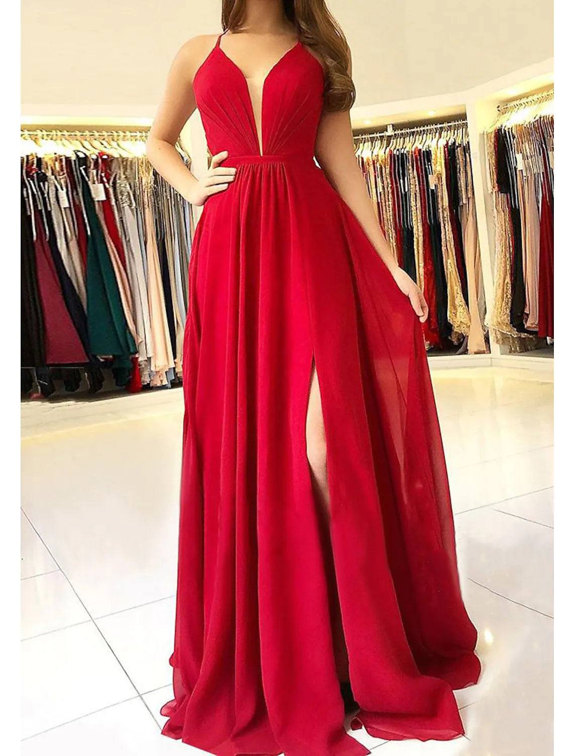 A-line/Princess Scalloped Neck Sleeveless Long/Floor-Length Chiffon Prom Dress With Split - RongMoon