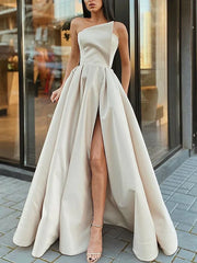 Yellow One Shoulder Slit Satin A Line Prom Dress