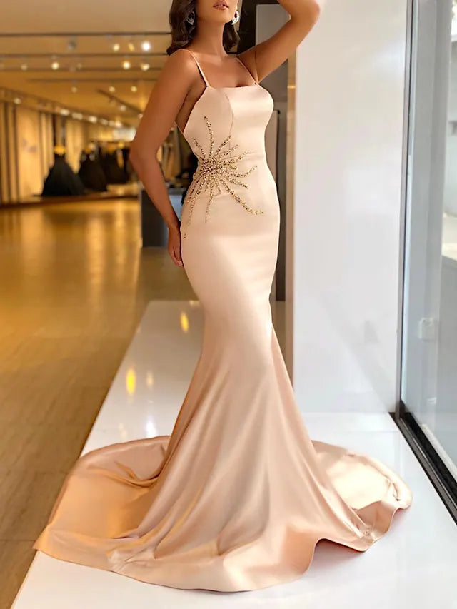 Satin Beading Long Mermaid Champagne Prom Dress