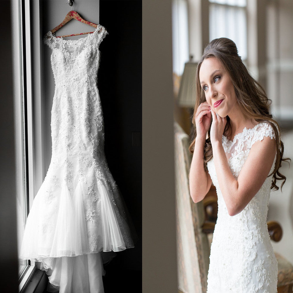 Vintage Mermaid Clairvoyant Outfit Lace Cap Sleeve Beads Appliques Sweetheart Wedding Dress. DB0153