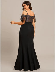 Mermaid / Trumpet Wedding Guest Dresses Minimalist Dress Formal Floor Length Short Sleeve Off Shoulder Stretch Fabric with Fringe Tassel