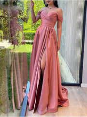 Pink Pleats Off The Shoulder Prom Dress With Slit
