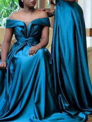 A-Line Bridesmaid Dress Off Shoulder Short Sleeve Elegant Sweep / Brush Train Spandex with Bow(s) / Pleats - RongMoon
