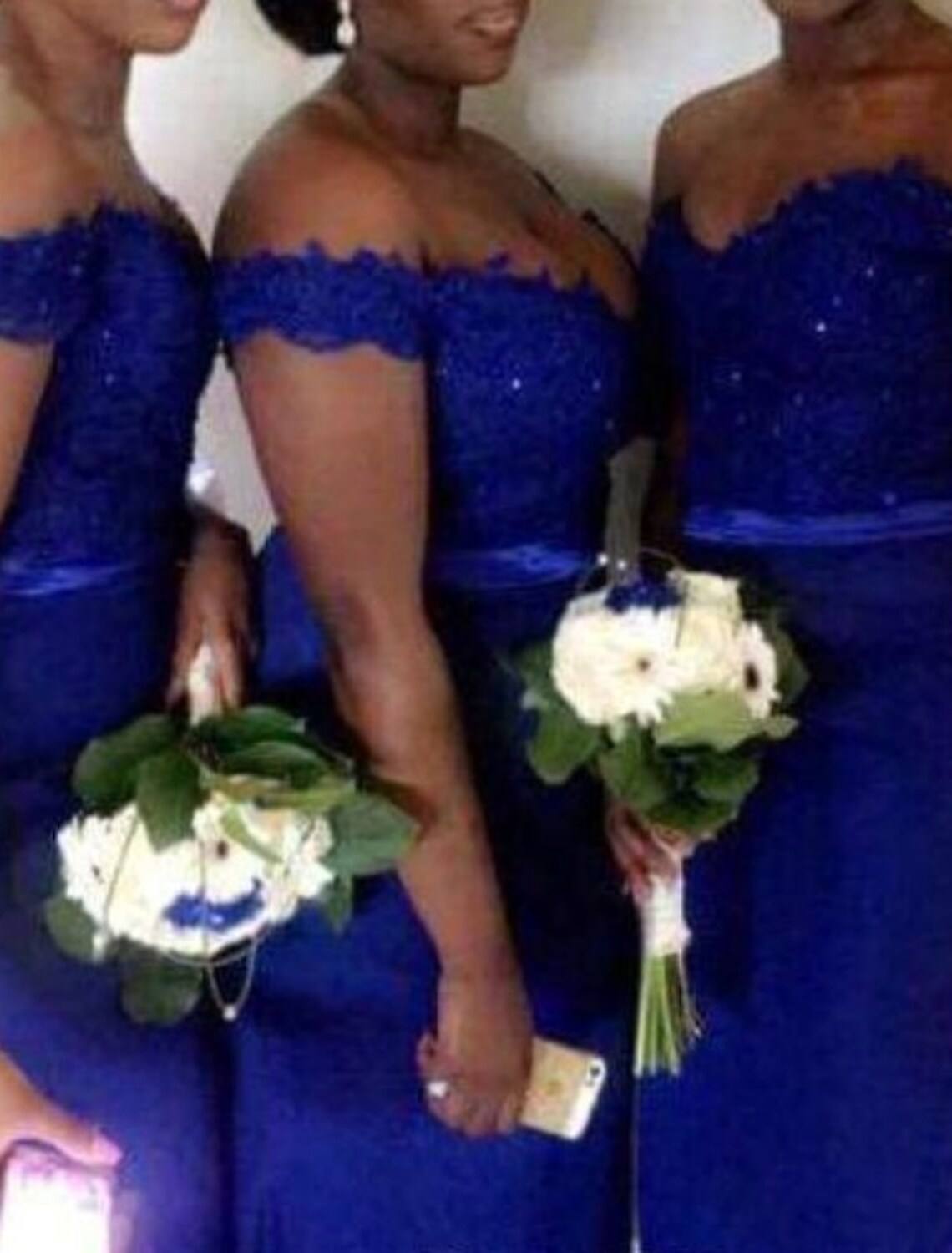 Mermaid / Trumpet Bridesmaid Dress Off Shoulder Short Sleeve Elegant Floor Length Lace / Charmeuse with Pleats / Solid Color - RongMoon