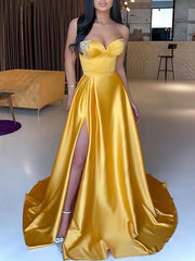 Gold Beading Sweetheart Satin Prom Dress With Slit