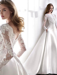 Beach Formal Wedding Dresses Chapel Train A-Line Long Sleeve Illusion Neck Satin With Lace Pleats