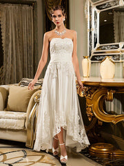 Little White Dresses Wedding Dresses Asymmetrical A-Line Strapless Sweetheart Lace With Appliques Button