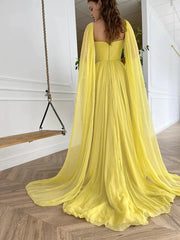 Yellow Long Sleeve Chiffon Prom Dress With Slit