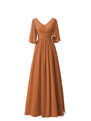 A-Line Bridesmaid Dress V Neck Half Sleeve Elegant Floor Length Chiffon with Pleats / Ruffles - RongMoon