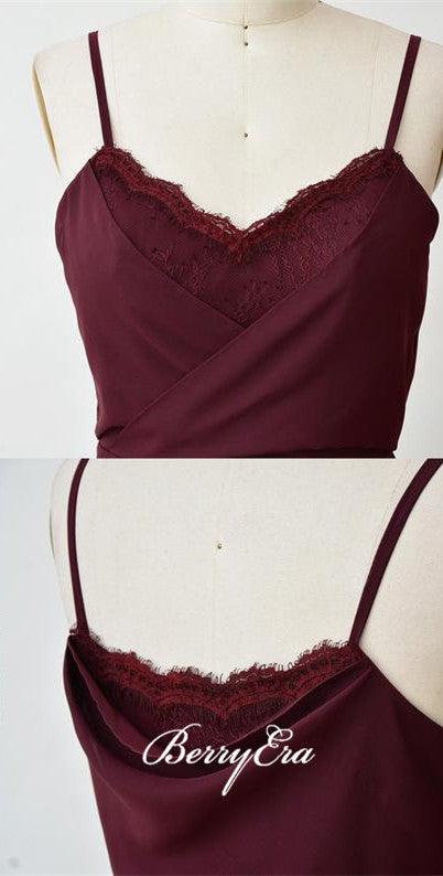 Spaghetti Maroon Long A-line Chiffon Lace Bridesmaid Dresses - RongMoon