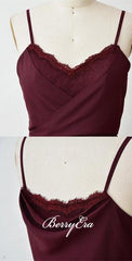 Spaghetti Maroon Long A-line Chiffon Lace Bridesmaid Dresses - RongMoon