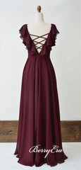 Lovely Cap Sleeve Maroon Chiffon A-line Long Bridesmaid Dresses - RongMoon