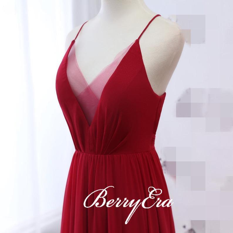 Red Chiffon Long A-line Bridesmaid Dresses, Popular Bridesmaid Dresses - RongMoon
