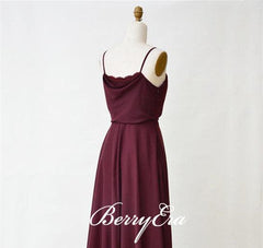 Spaghetti Maroon Long A-line Chiffon Lace Bridesmaid Dresses - RongMoon