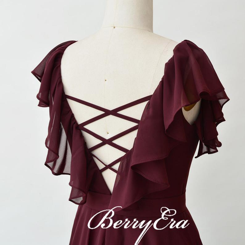Lovely Cap Sleeve Maroon Chiffon A-line Long Bridesmaid Dresses - RongMoon