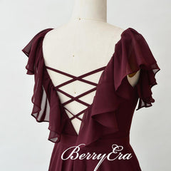 Lovely Cap Sleeve Maroon Chiffon A-line Long Bridesmaid Dresses - RongMoon