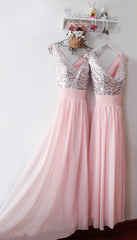 Lovely Sequins V-neck Chiffon Long Bridesmaid Dresses For Bridal Party
