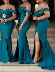 Mermaid / Trumpet Bridesmaid Dress Off Shoulder Sleeveless Elegant Sweep / Brush Train Charmeuse with Sequin / Split Front - RongMoon