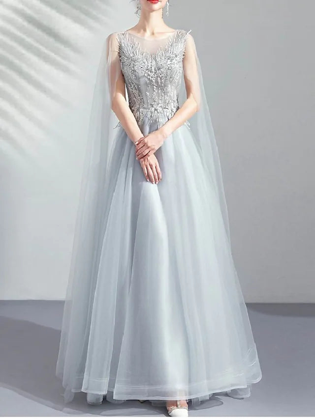 Gray Long Sleeve Tulle Beading Prom Dress