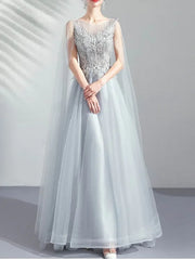 Gray Long Sleeve Tulle Beading Prom Dress