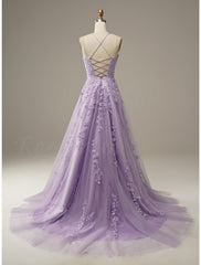 A-Line Prom Dresses Floral Dress Formal Chapel Train Sleeveless Spaghetti Strap Tulle with Appliques