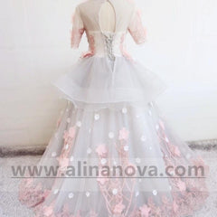 Modest 3D Floral Lace Flowers Ball Gowns Wedding Dresses With Sleeves