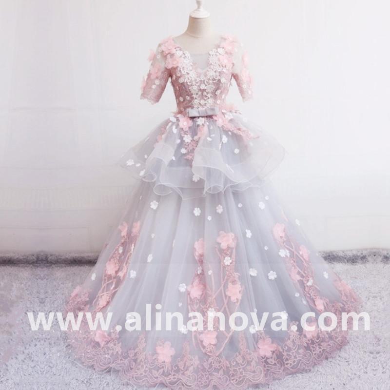 Modest 3D Floral Lace Flowers Ball Gowns Wedding Dresses With Sleeves