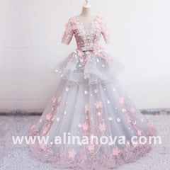 Modest 3D Floral Lace Flowers Ball Gowns Wedding Dresses With Sleeves